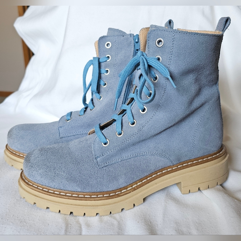 Maeve for Anthropologie, Harvest Hiker Boot, Blue Suede, Size 41/11